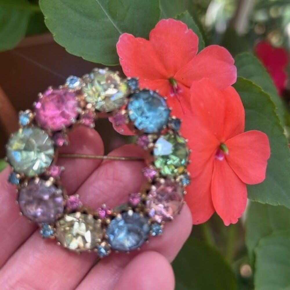 ALBERT WEISS Pastel Rhinestone Crystal Circle Brooch